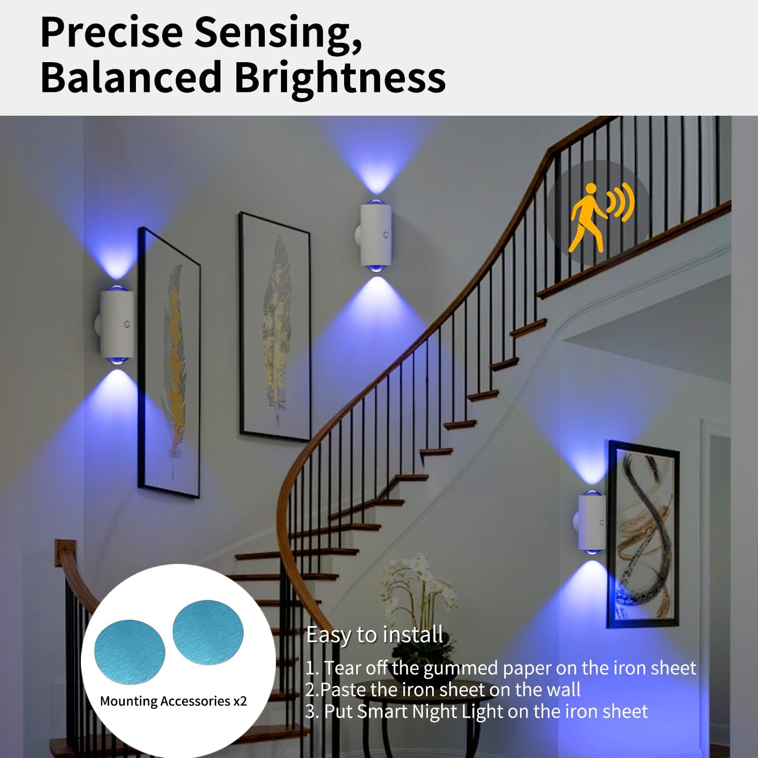 Stairwell with smart night lights on walls, featuring text about precise sensing and balanced brightness.