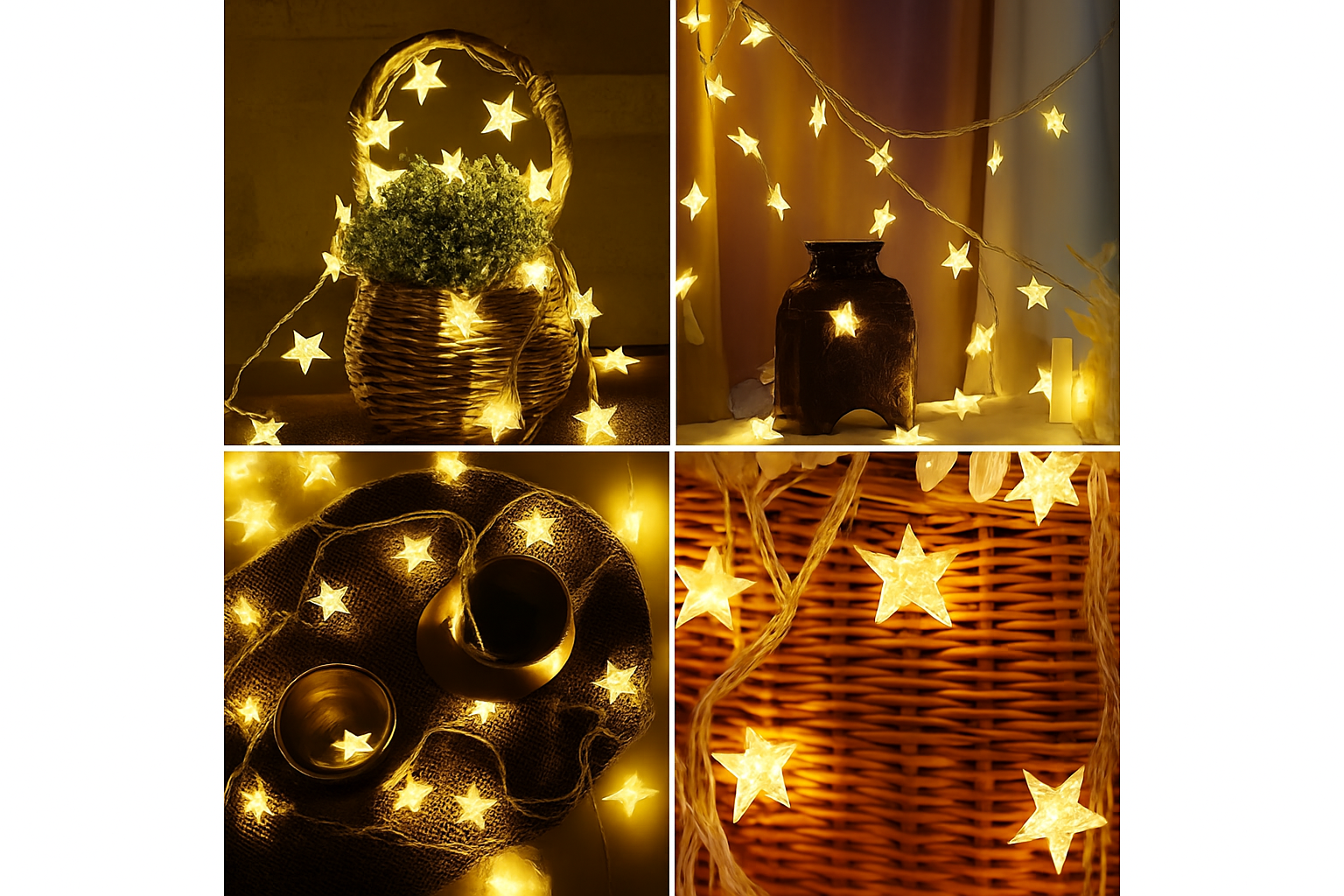 Star-shaped string lights arranged around decorative items in a collage.