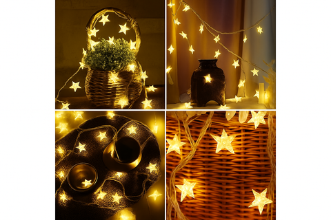 Star-shaped string lights arranged around decorative items in a collage.