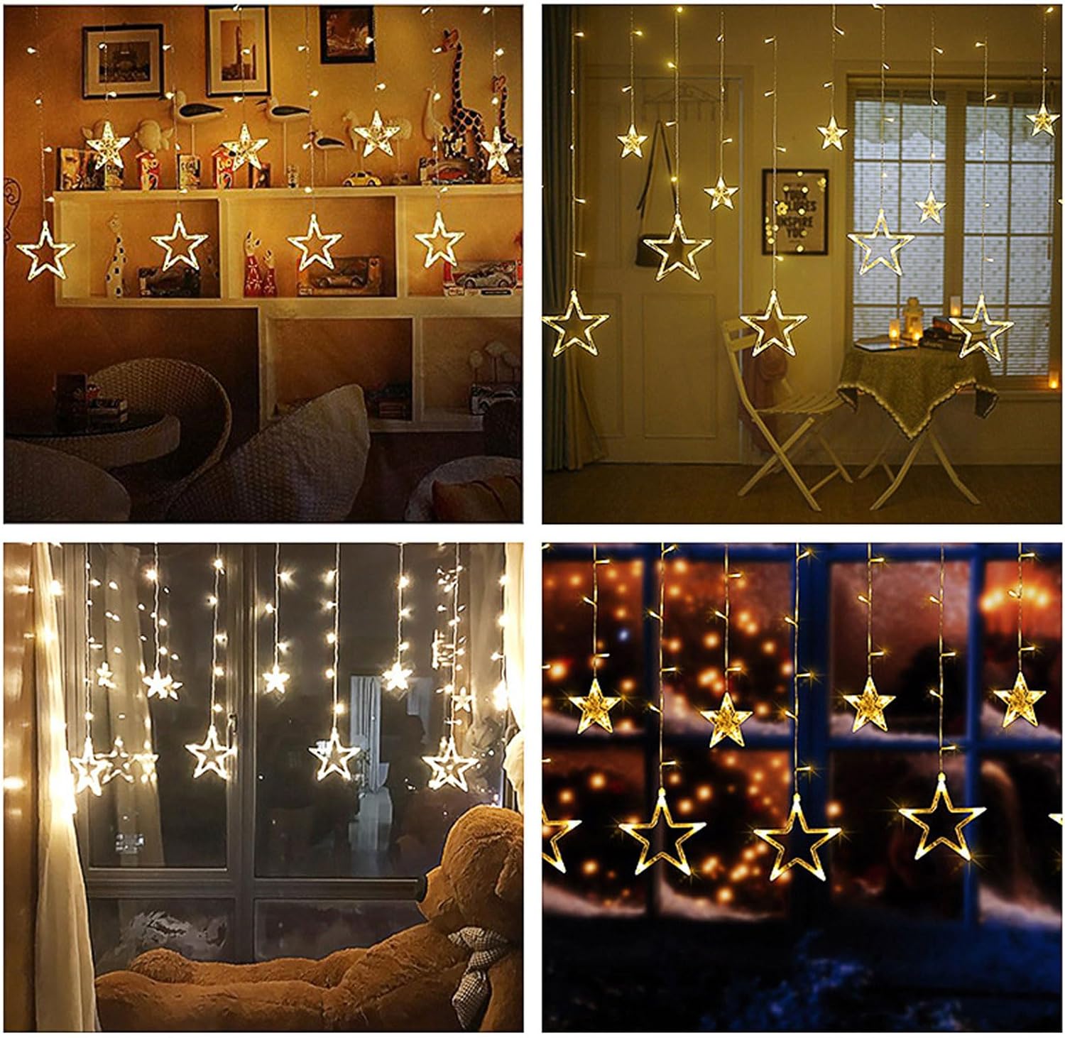 Star-shaped string lights in various settings including a living room and bedroom.