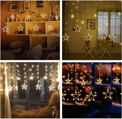 Star-shaped string lights in various settings including a living room and bedroom.