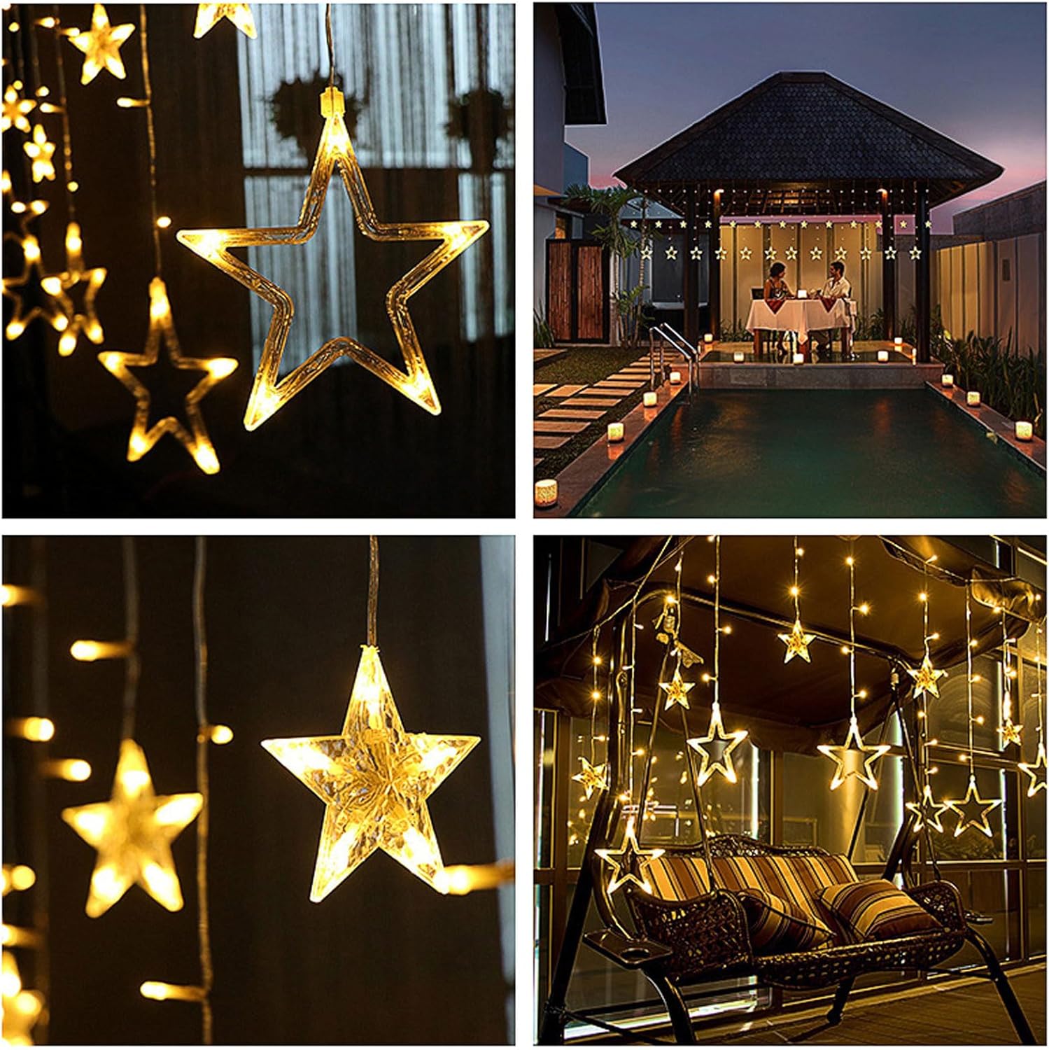 Star-shaped string lights in various settings including a poolside and indoor scenes.