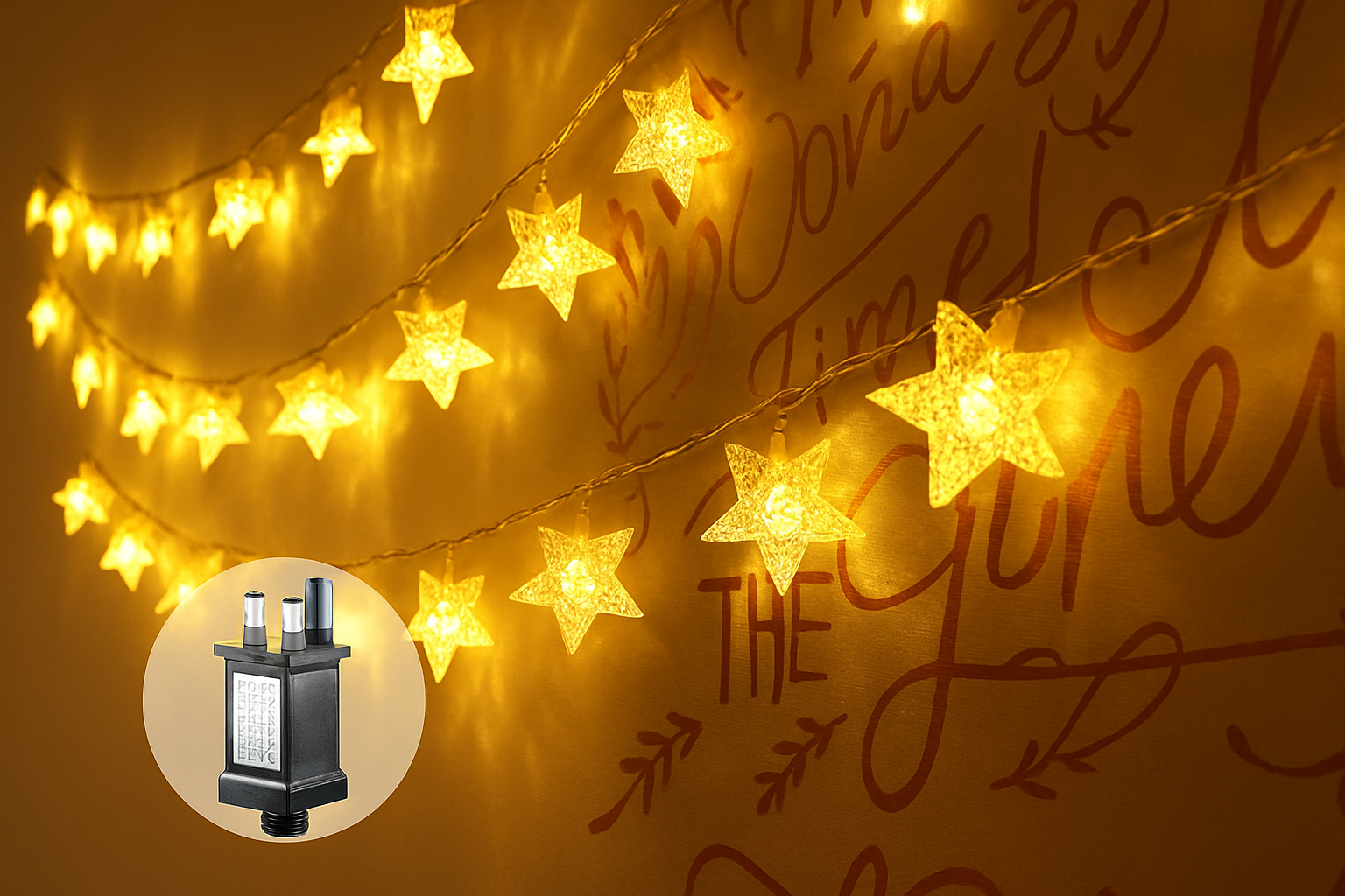 Star-shaped string lights on a wall with a small inset of a lantern.