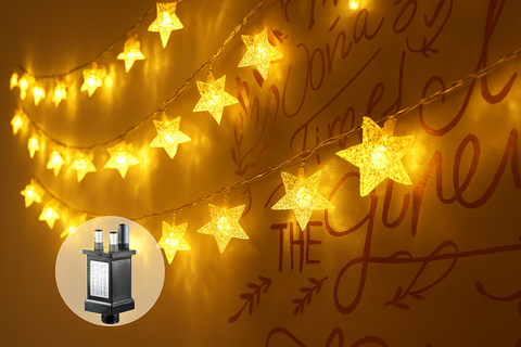 Star-shaped string lights on a wall with a small inset of a lantern.