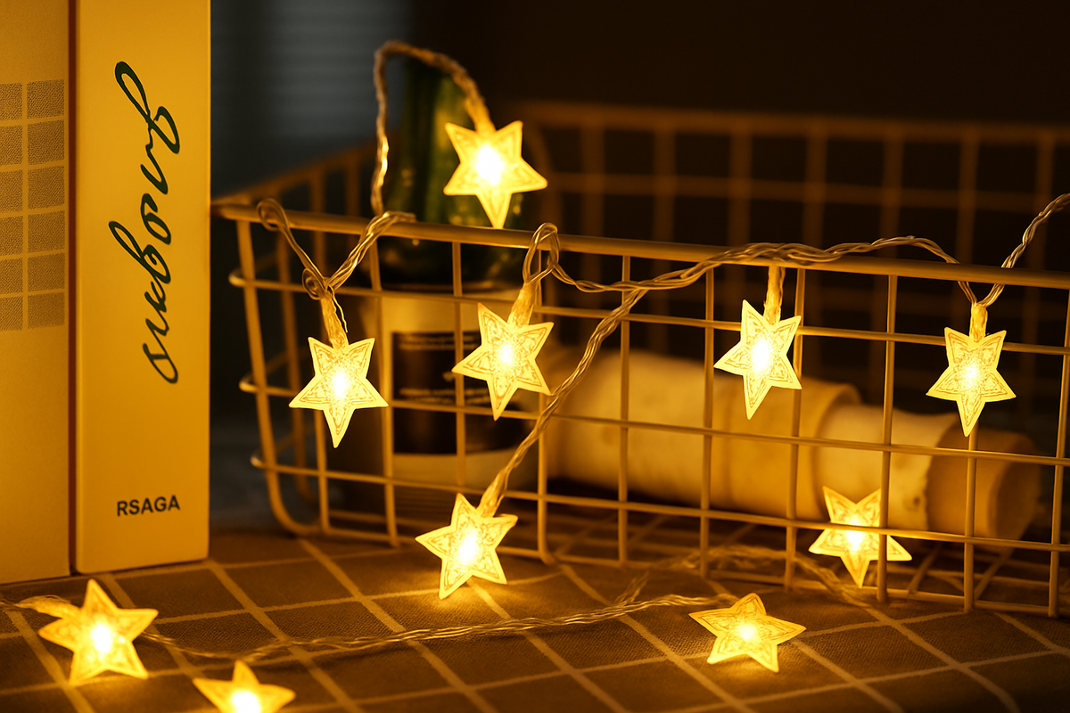 Star-shaped string lights on a wire basket with a blurred background