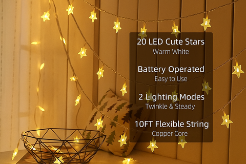 Star-shaped string lights with product details on a neutral background