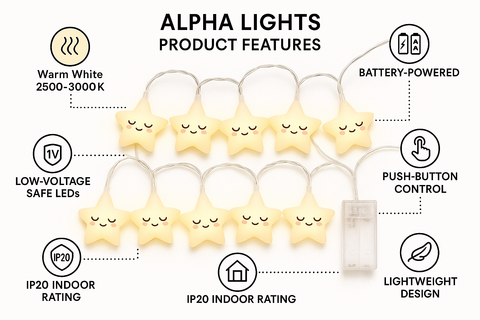 Star-shaped string lights with product features highlighted on a white background
