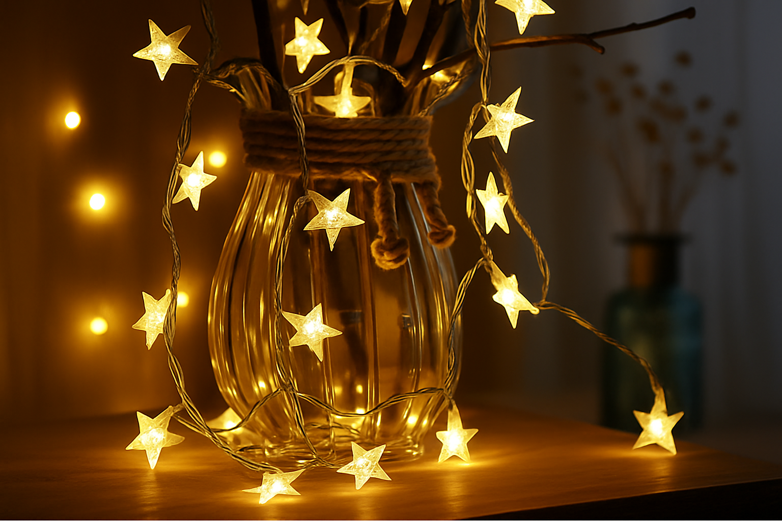 Star-shaped string lights wrapped around a glass jar on a wooden surface with a blurred background.