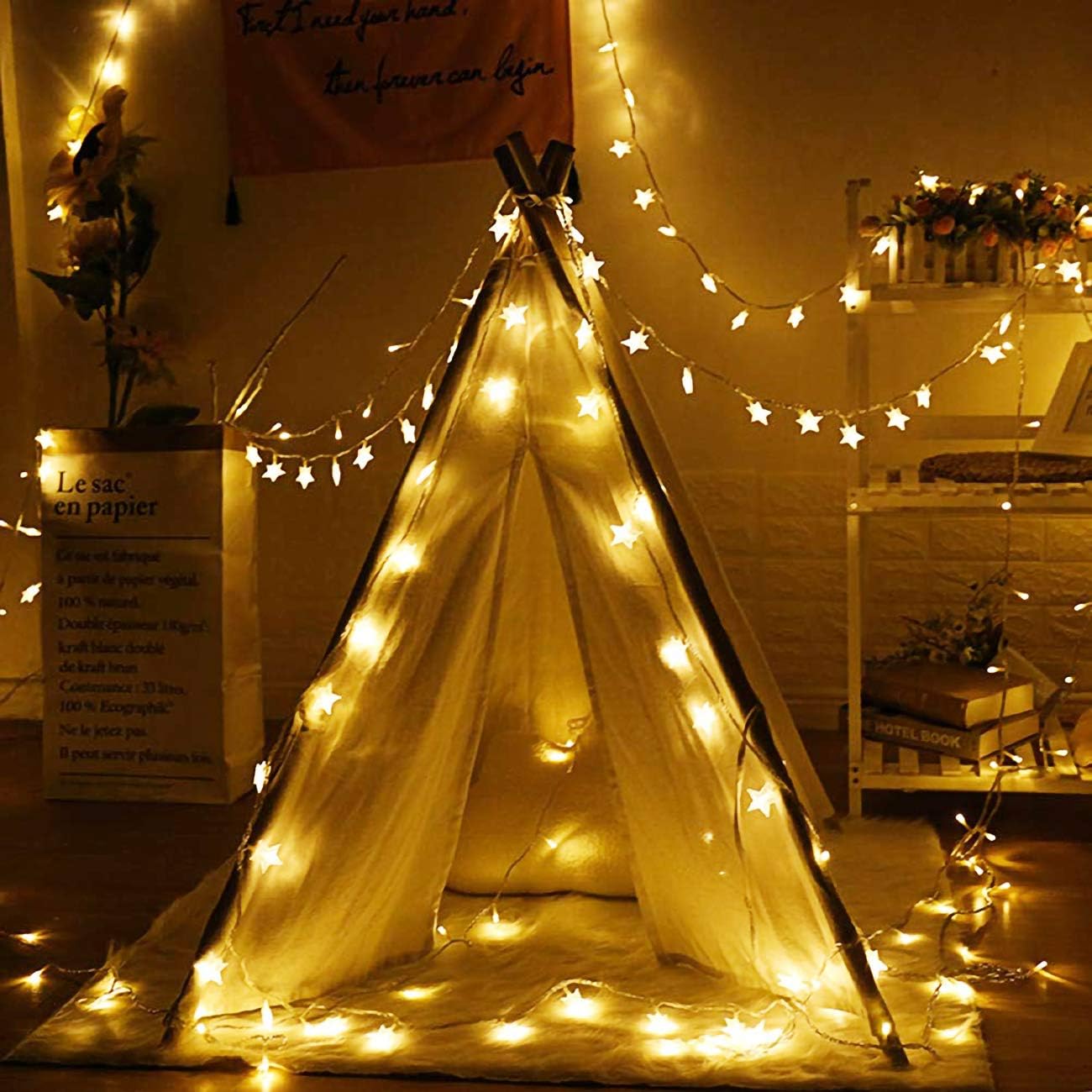Warm white snowflake LED lights on a Christmas tree

