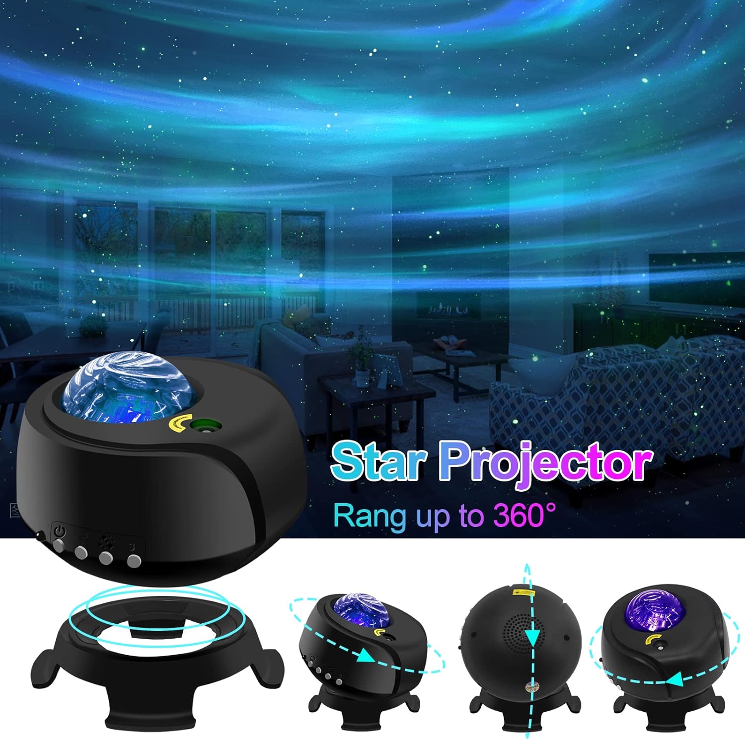 Star projector with blue light effect in a room, showing its range and features.