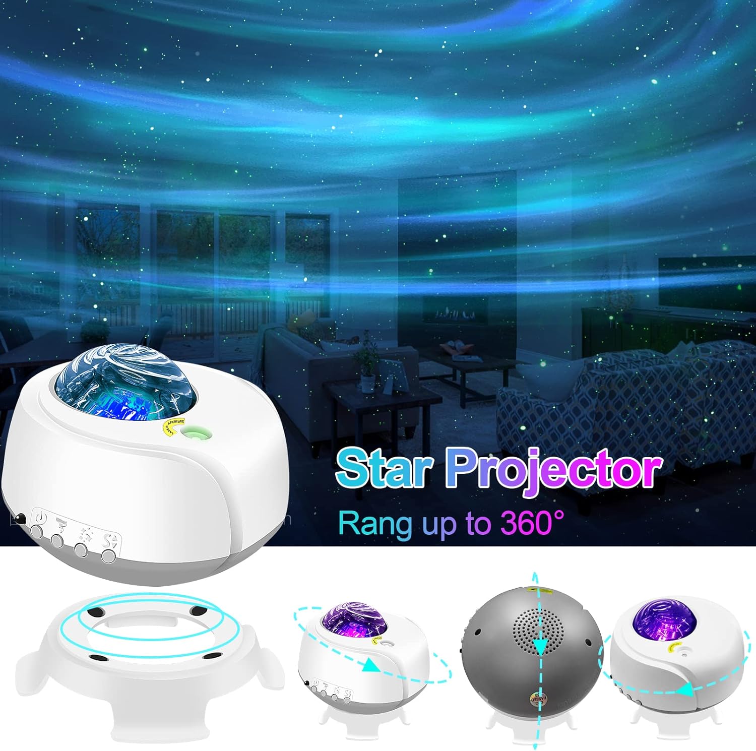 Star projector with colorful light display in a room, showing its 360-degree capability.