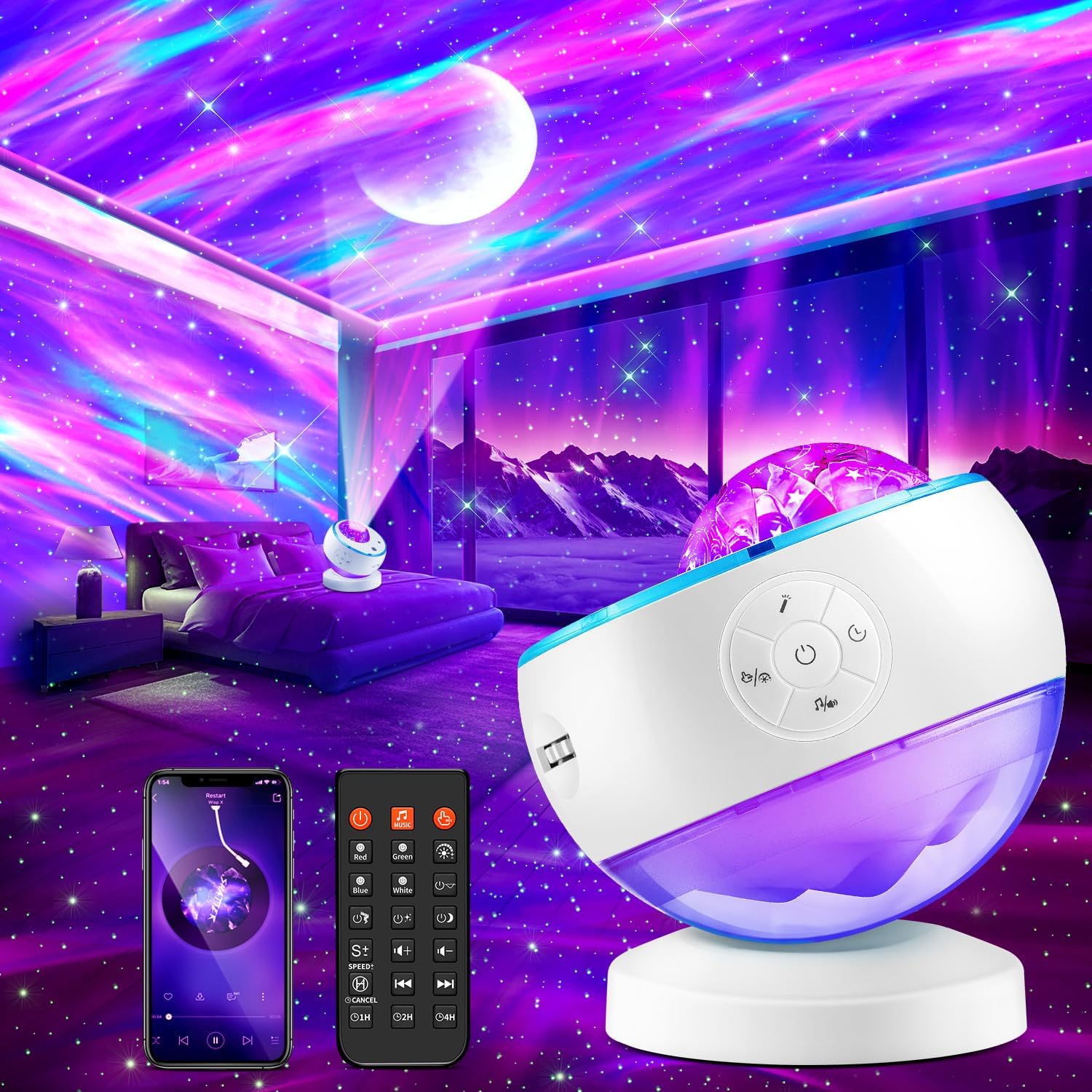 Galaxy Star Projector with Moon, 16 Colors, Bluetooth & White Noise