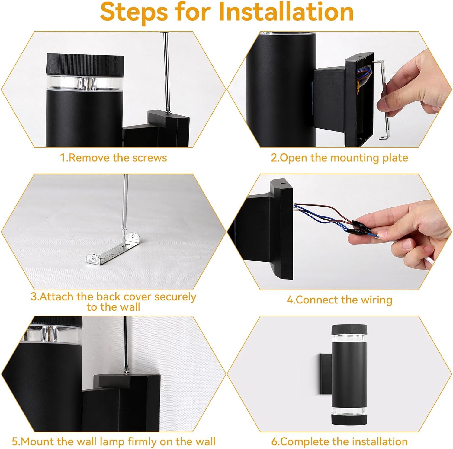 Step-by-step installation guide for a wall-mounted light fixture.