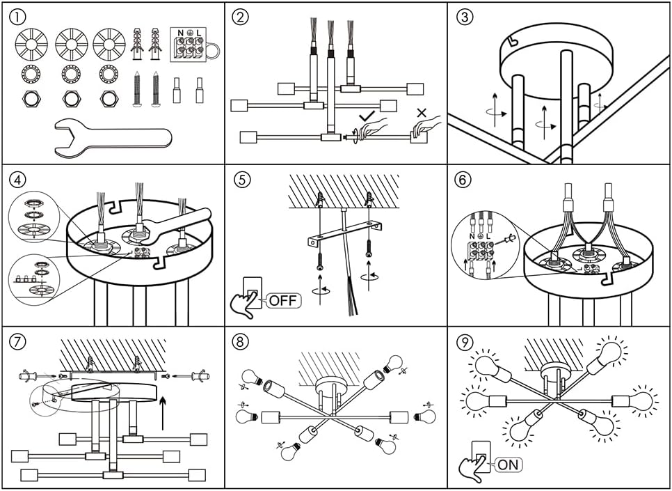Step-by-step diagram of a ceiling light installation process.
