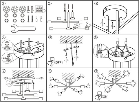 Step-by-step diagram of a ceiling light installation process.