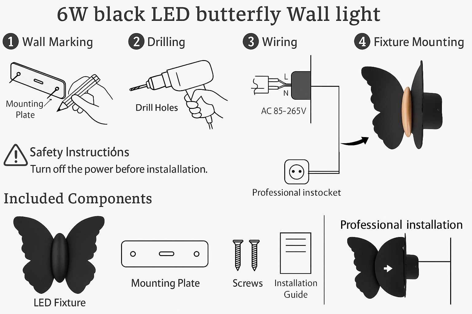 Step-by-step guide for installing a 6W black LED butterfly wall light with illustrations and text.