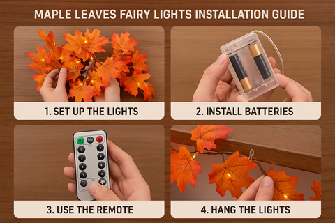 Step-by-step guide for installing maple leaves fairy lights with hands performing each action.