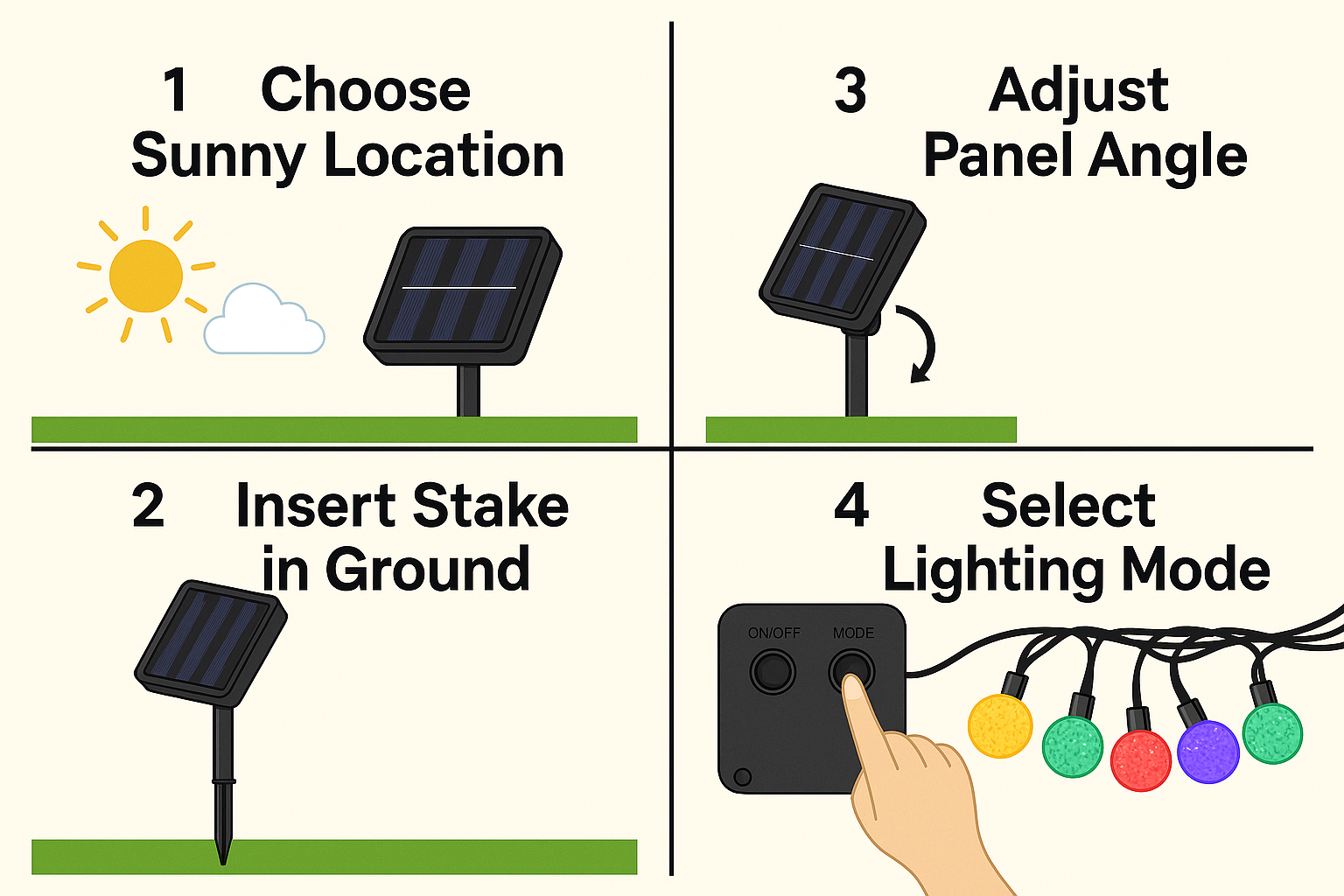 Step-by-step guide for setting up a solar-powered outdoor light system with icons and text.