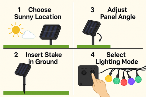 Step-by-step guide for setting up a solar-powered outdoor light system with icons and text.