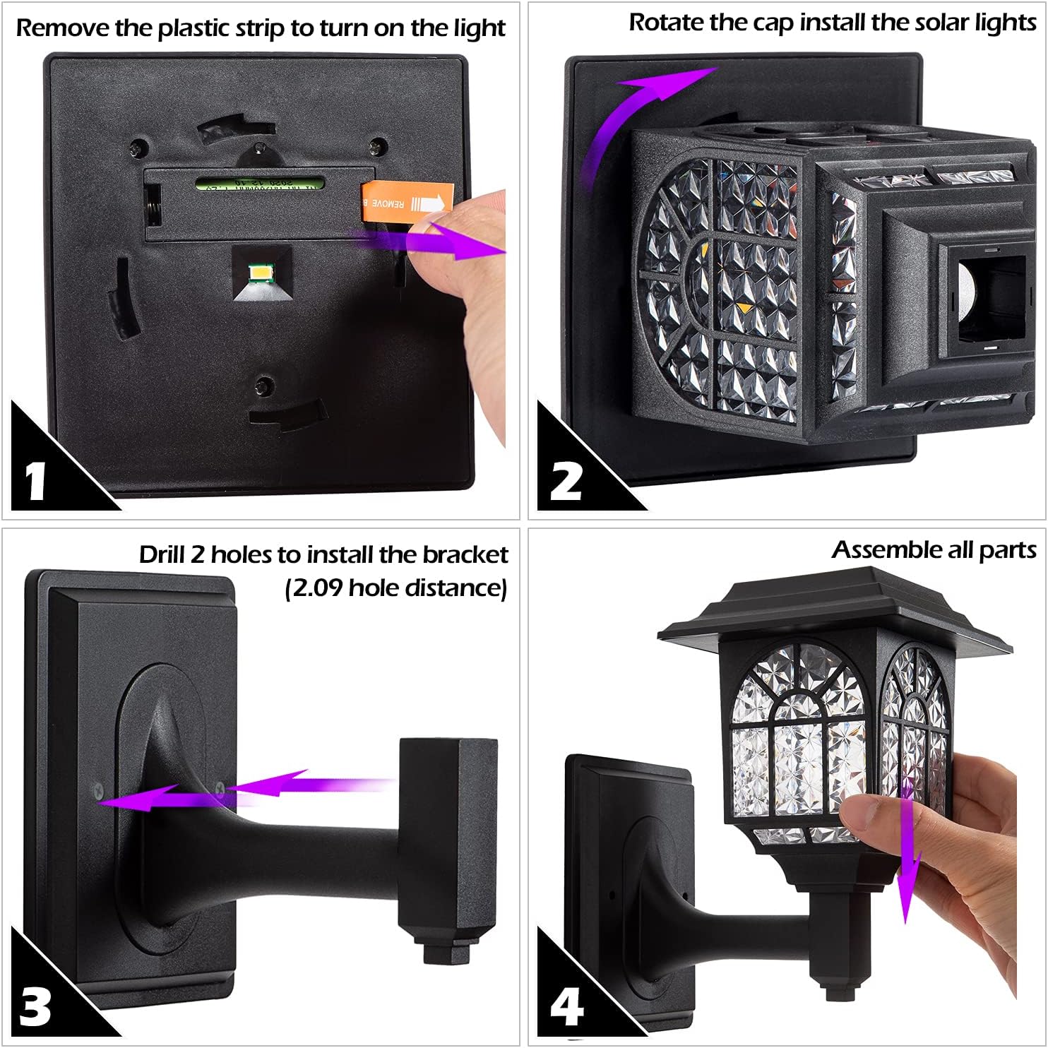 Step-by-step guide on how to assemble a solar light fixture with text instructions.