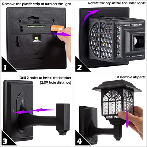 Step-by-step guide on how to assemble a solar light fixture with text instructions.