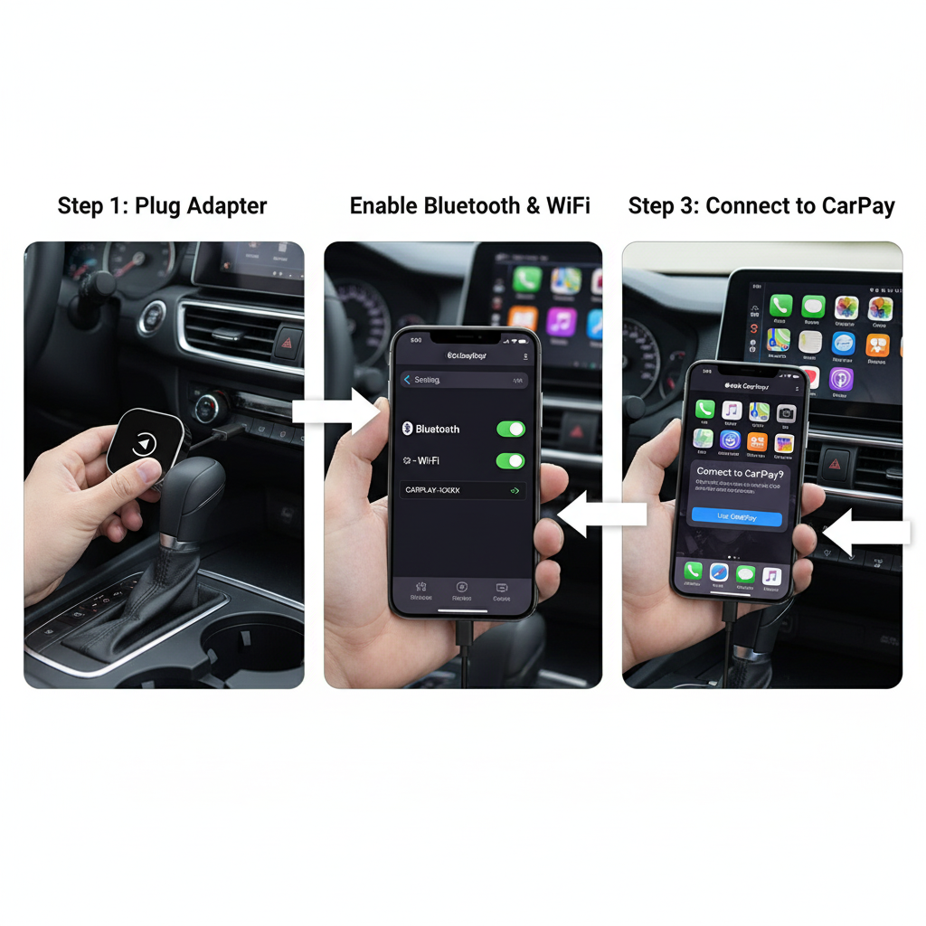 Step-by-step guide on how to connect a smartphone to CarPlay using an adapter.