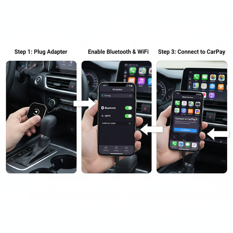 Step-by-step guide on how to connect a smartphone to CarPlay using an adapter.