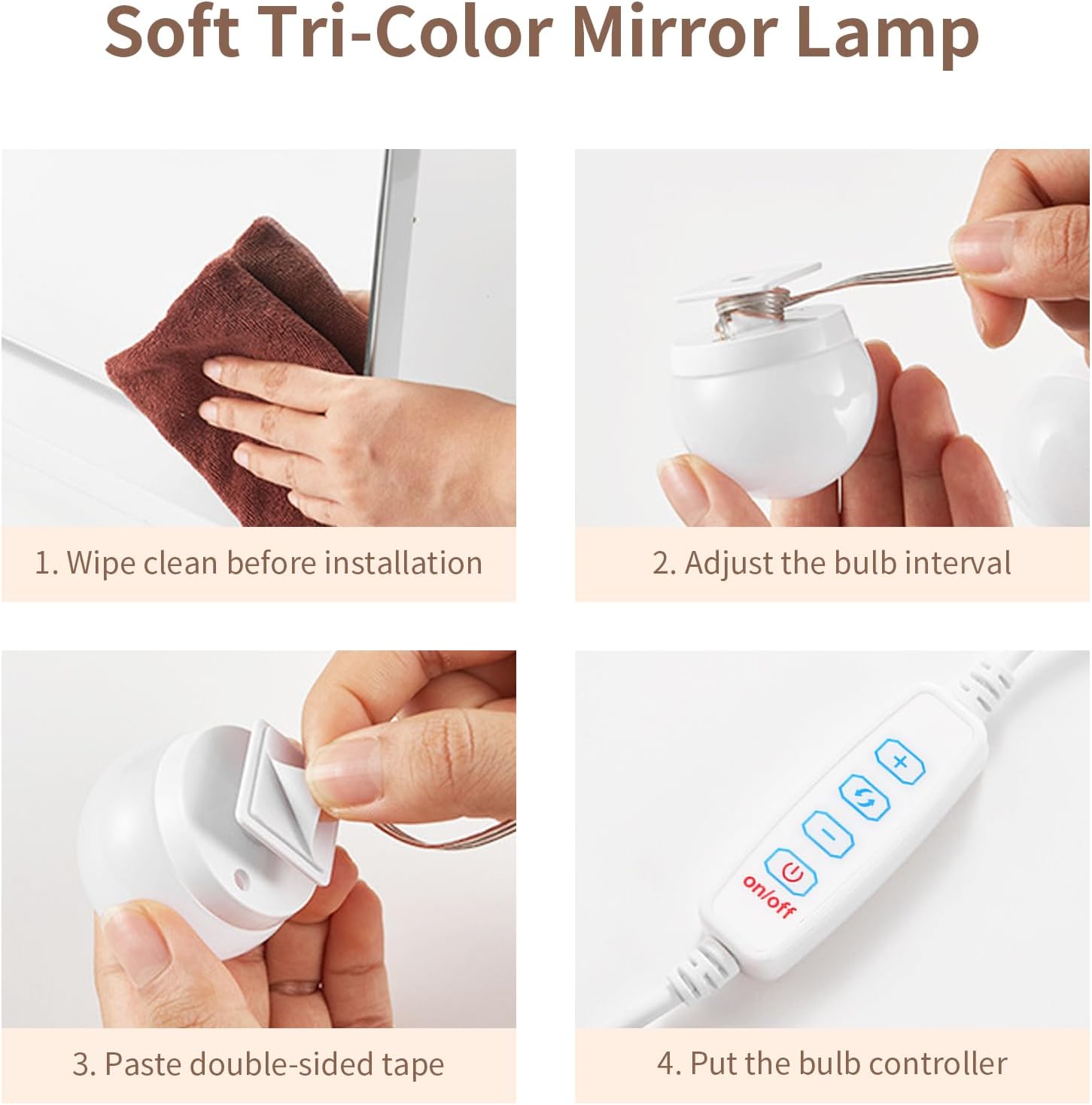Step-by-step guide on how to install a Soft Tri-Color Mirror Lamp with text and images.