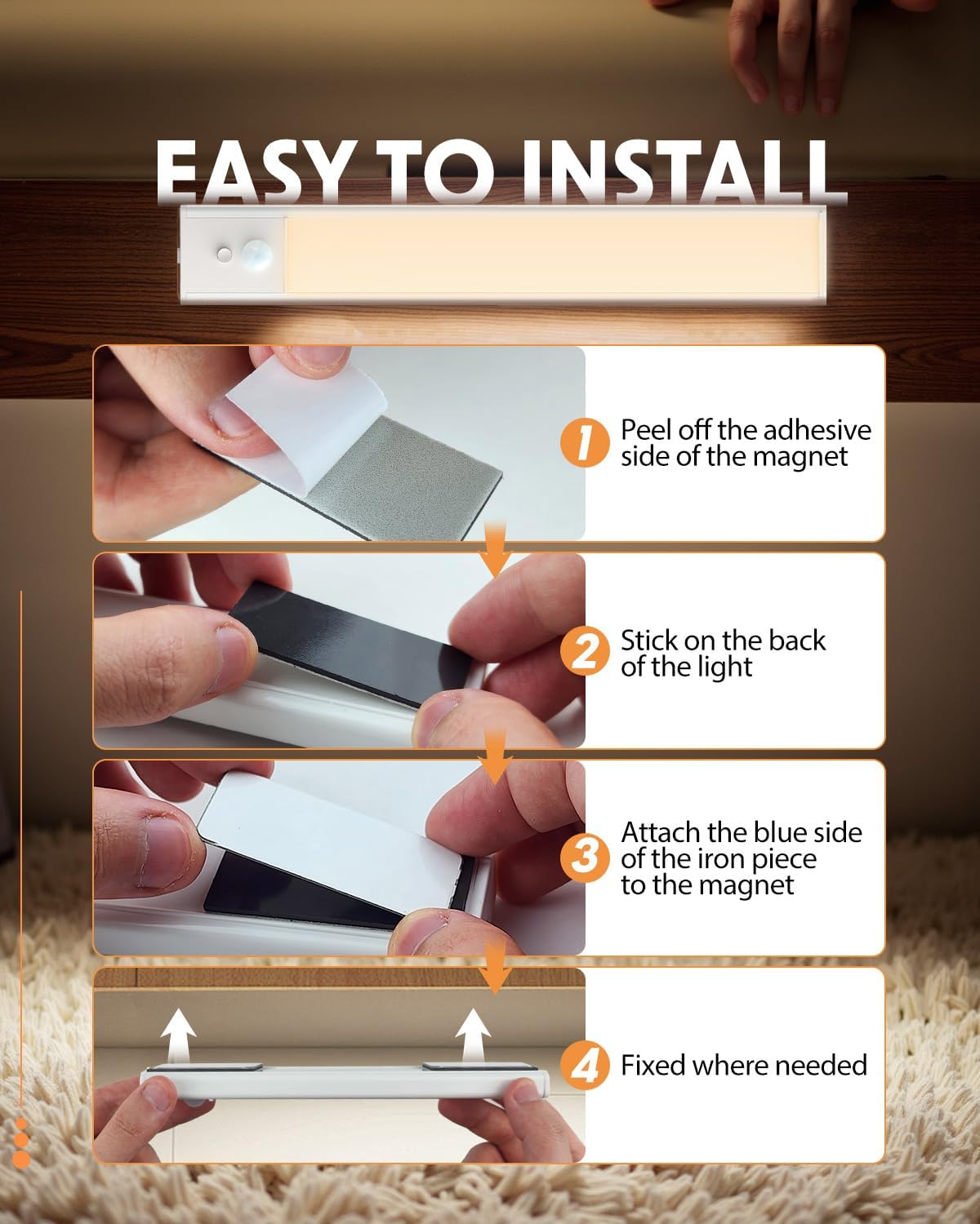 Step-by-step guide on how to install a magnetic light fixture with text instructions.