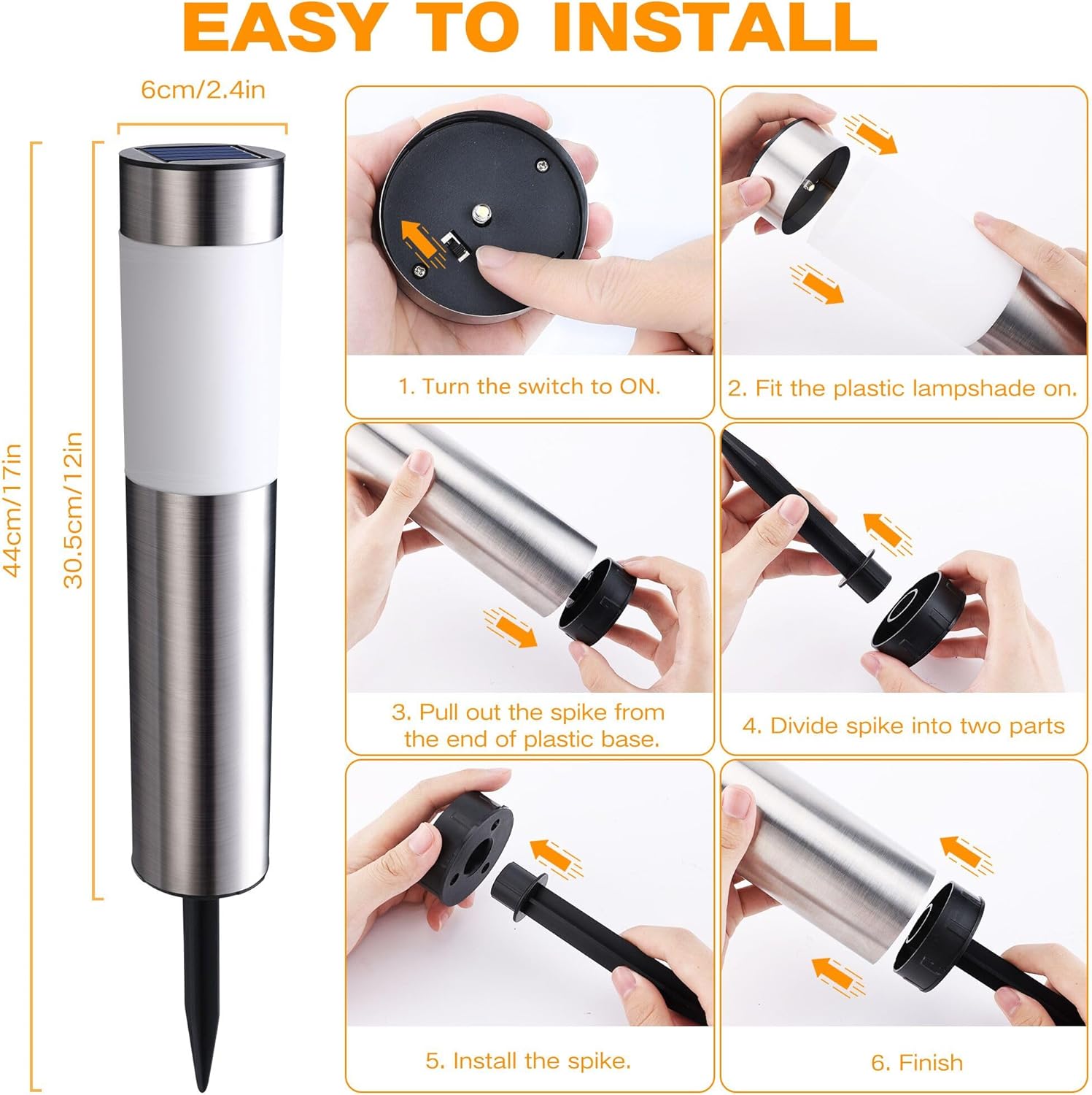 Step-by-step guide on how to install a solar lamp with measurements and instructions.