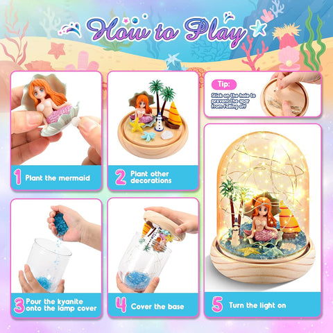 Step-by-step guide on how to play with a mermaid-themed decorative set, including planting mermaids and decorations.