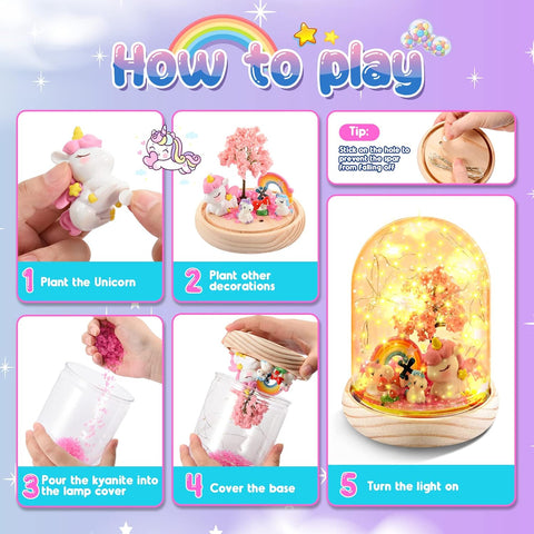 Step-by-step guide on how to play with a unicorn-themed lamp and decorations.