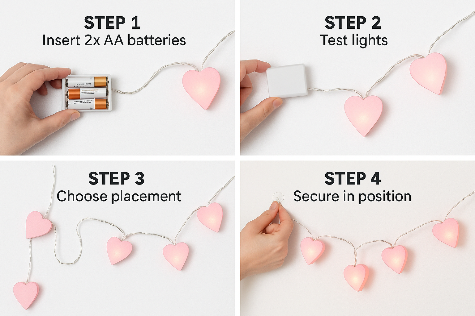 Step-by-step guide on how to set up a heart-shaped string light with battery pack.