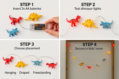 Step-by-step guide on how to set up dinosaur-themed string lights with batteries and placement options.