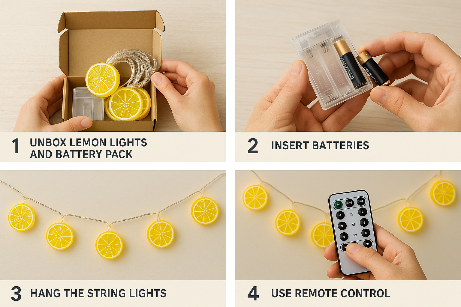 Step-by-step guide on how to set up lemon-themed string lights with batteries and remote control.