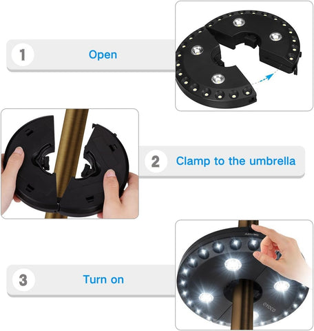 Step-by-step guide on how to use a LED umbrella light with images and text instructions.