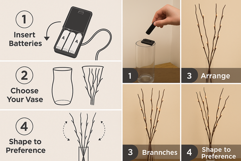 Step-by-step guide on how to use a branch lighting device with images and text.