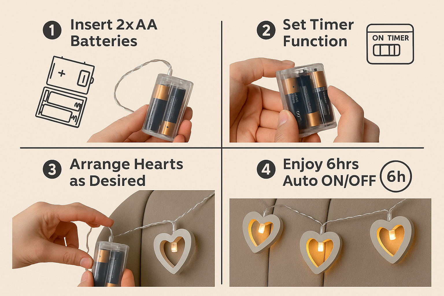 Step-by-step guide on how to use heart-shaped string lights with batteries and timer.