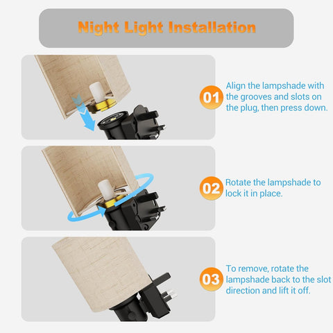 Step-by-step guide on installing a night light with labeled steps.