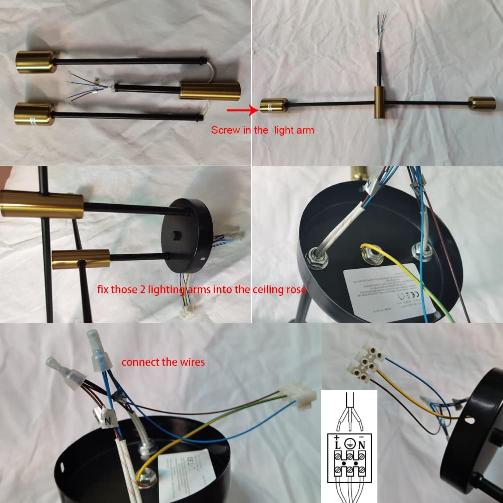 Step-by-step guide on wiring a ceiling light fixture with text instructions.