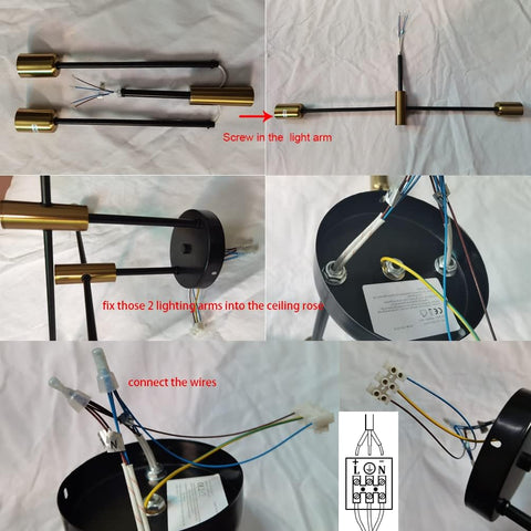 Step-by-step guide on wiring a ceiling light fixture with text instructions.