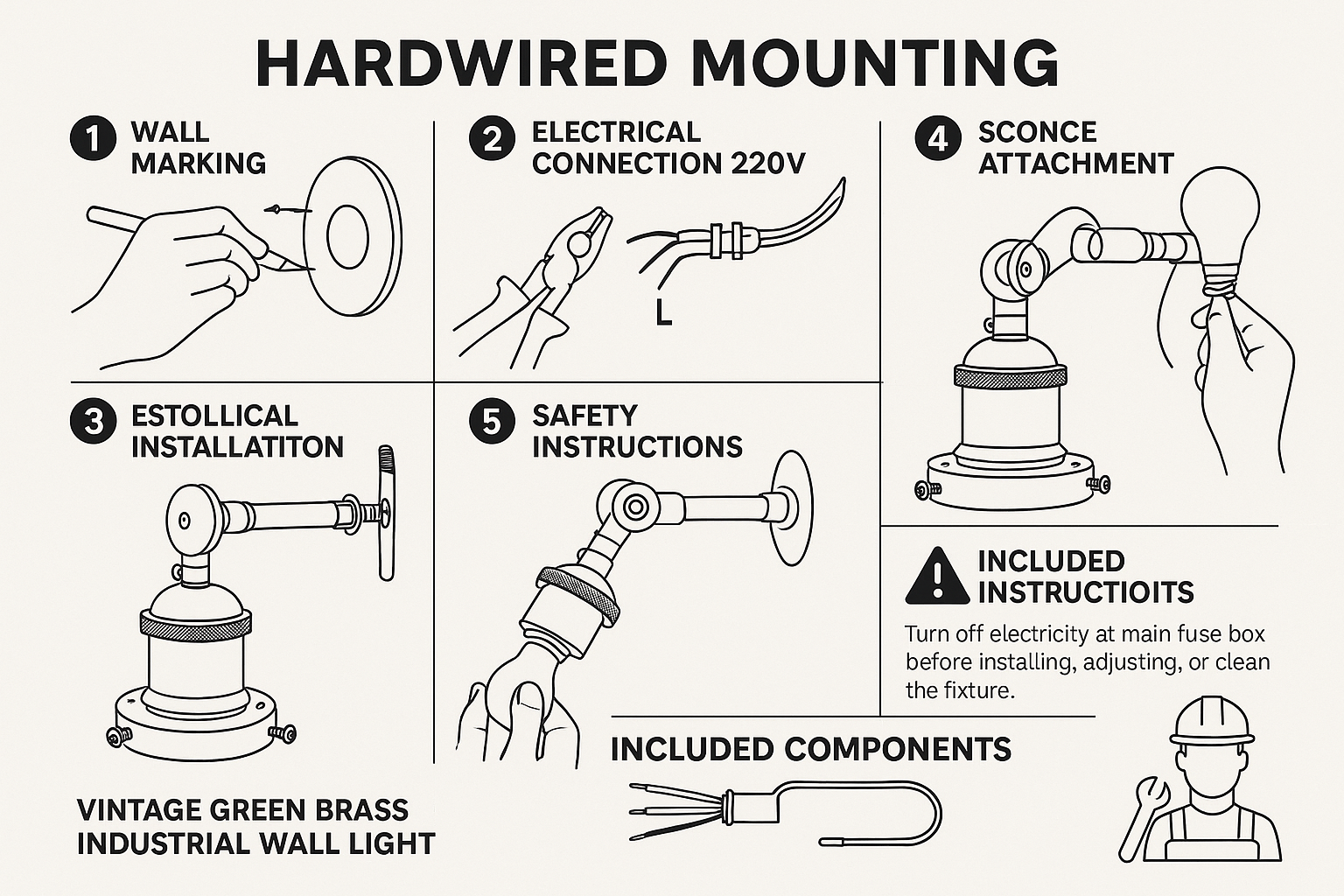 Step-by-step guide to hardwired mounting of a vintage green brass industrial wall light.
