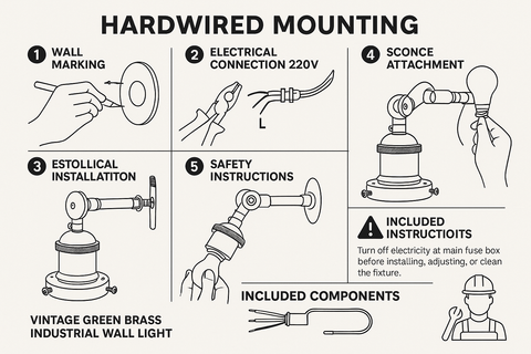 Step-by-step guide to hardwired mounting of a vintage green brass industrial wall light.