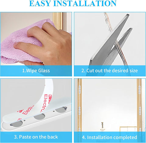 Step-by-step guide to installing a product with images of wiping glass, cutting, pasting, and completed installation.