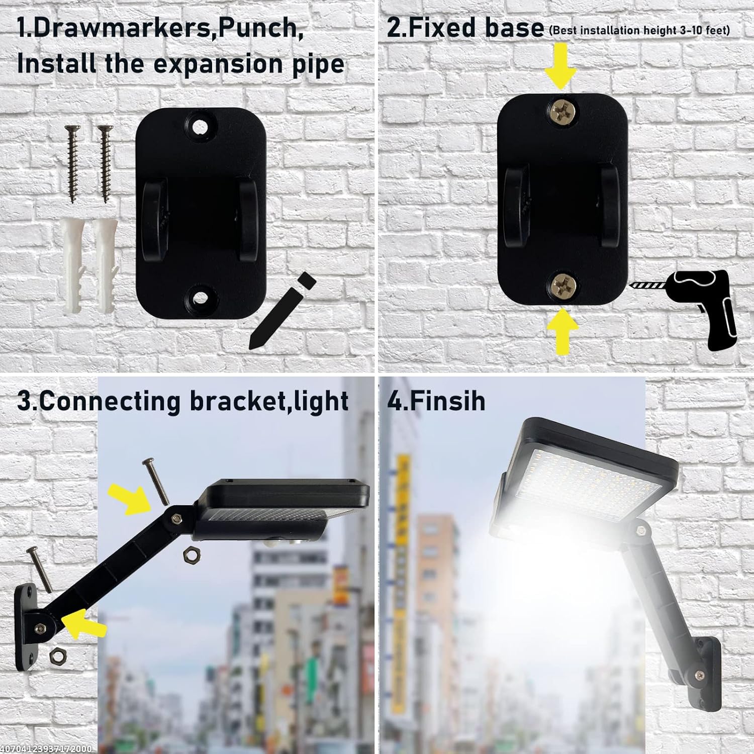 Step-by-step installation guide for a wall-mounted light fixture with tools and components.