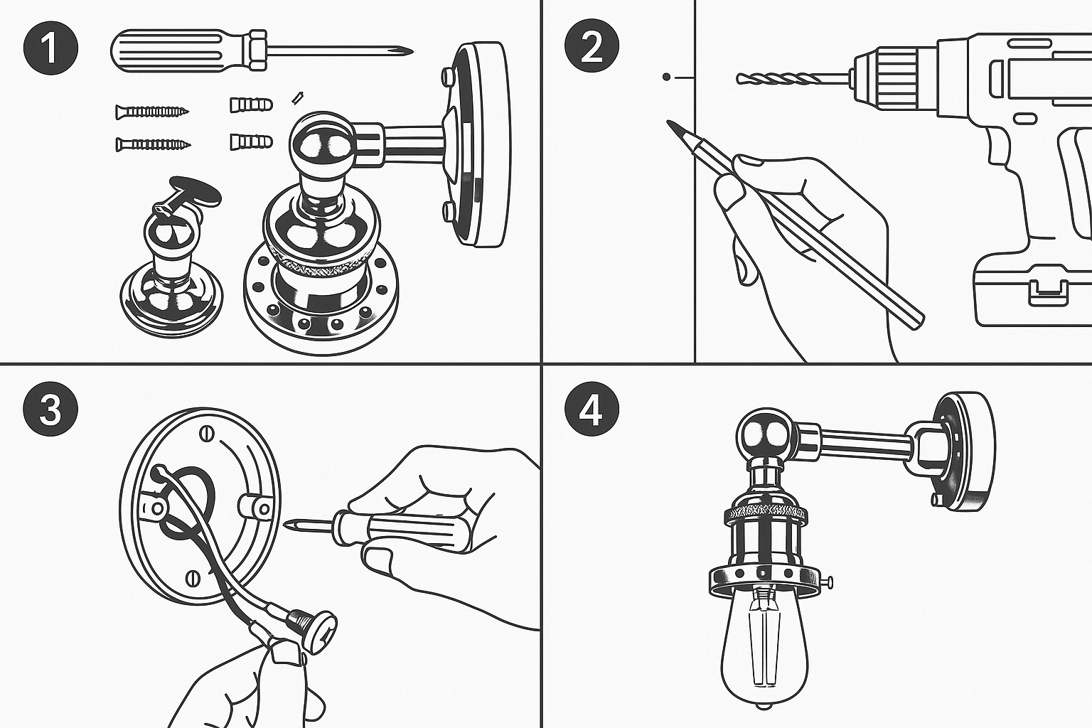 Step-by-step illustration of installing a light fixture with tools and hands.