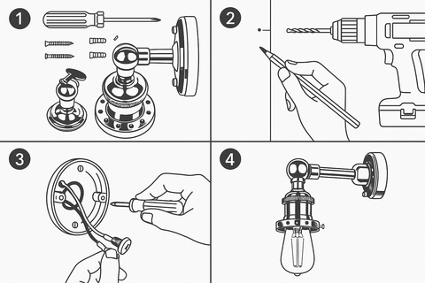 Step-by-step illustration of installing a light fixture with tools and hands.