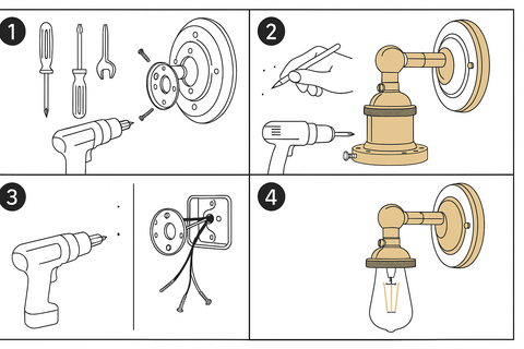 Step-by-step illustration of installing a wall-mounted light fixture.