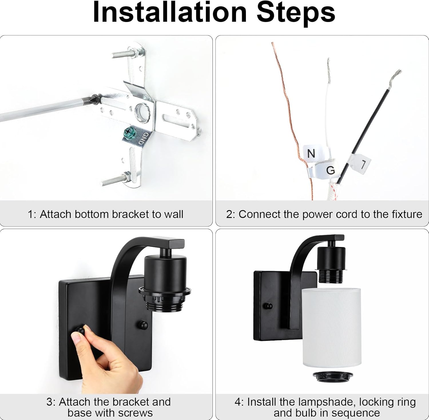 Step-by-step installation guide for a wall-mounted light fixture.