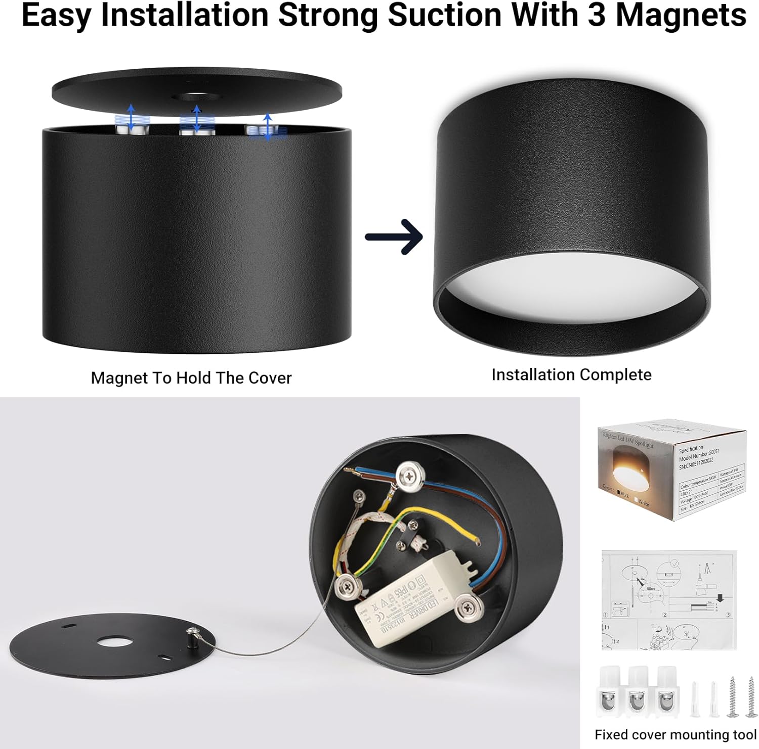 Step-by-step installation process of a black ceiling light fixture with magnets.